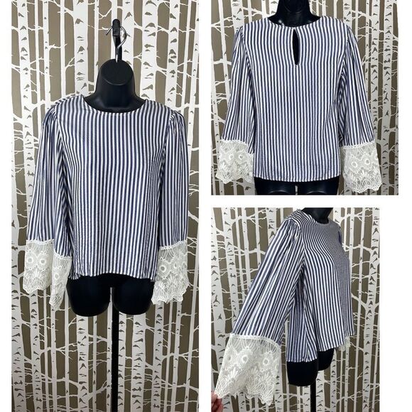 Striped Pullover Top with Lace Cuffs sz 2 - Picture 1 of 7